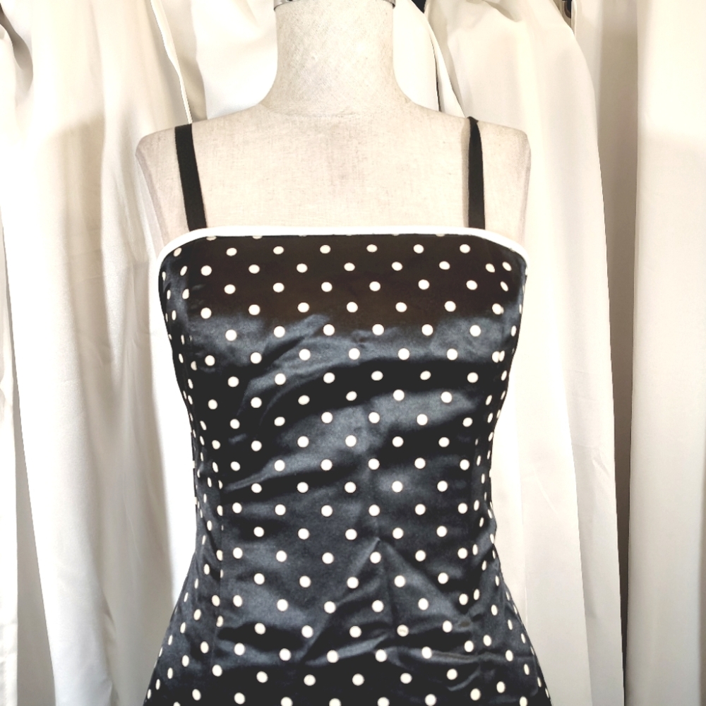 Gunne Sax ByJessica McClintock Midi Dress Black/White Polka Dot, Satin, Flare,0 - Picture 3 of 12
